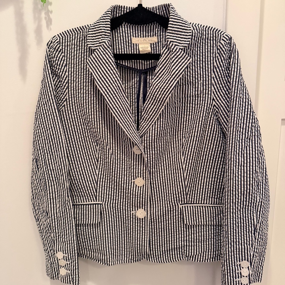Sandro Designer Seersucker Navy White Stripes 100% Cotton Women's Blazer Size L - Picture 2 of 9